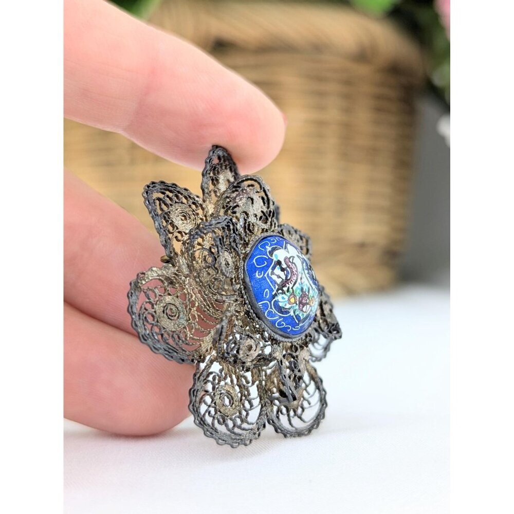 Antique 1900s Sterling Silver Filigree Brooch Hand-painted Enamel Edwardian Era - Picture 7 of 7